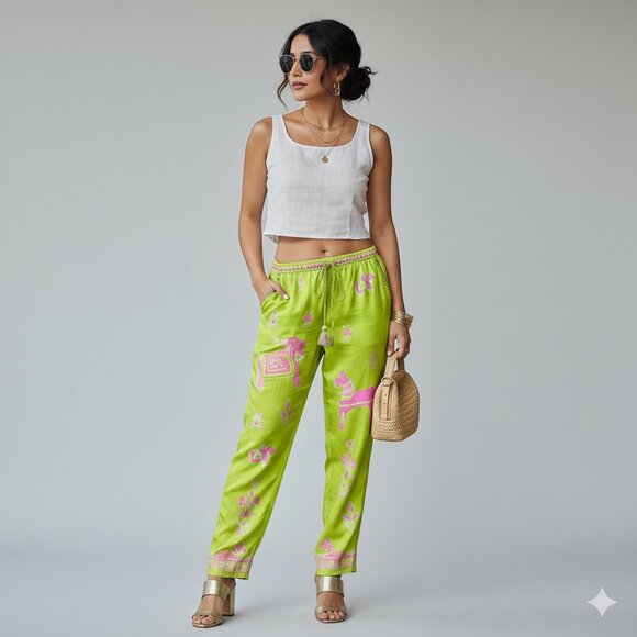 NWOT Calypso St. Barth Silk Pants Vibrant Lime Pink Floral Animal Goats Llama S - Picture 11 of 11